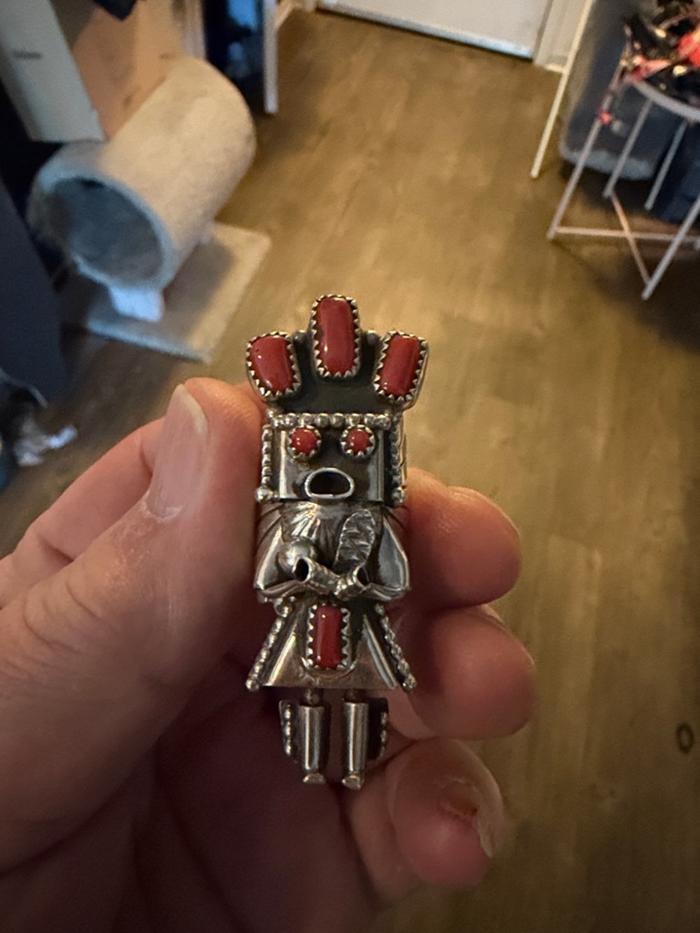 Vintage Style Silver-Tone Red Inlay Kachina Pin